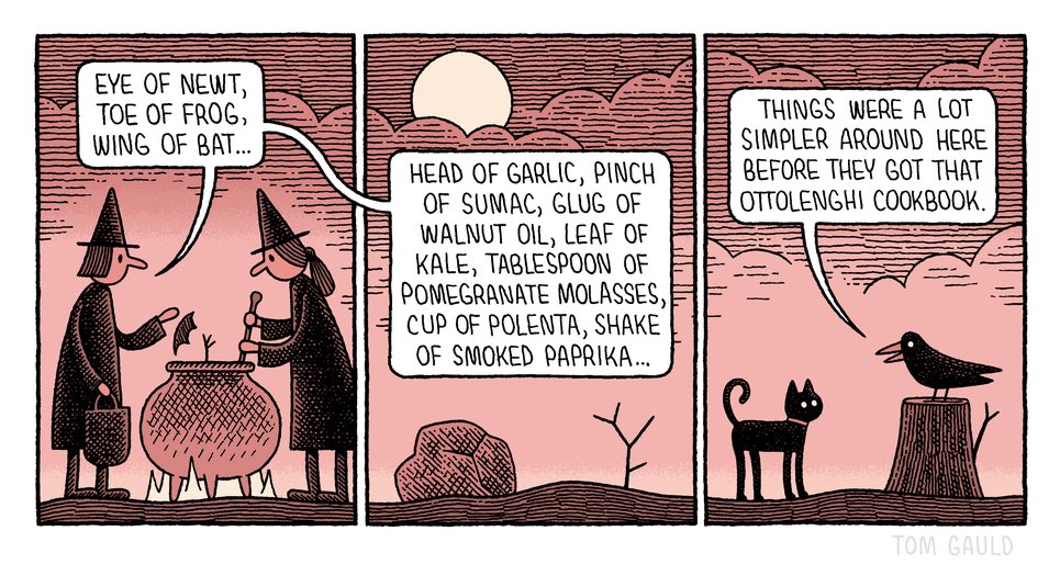 tomgauld's tweet photo. A #Halloween cartoon for yesterday’s @GuardianBooks / @GdnSaturday (with apologies to @ottolenghi, whose recipes I love cooking) https://t.co/9KrlLQiKB4