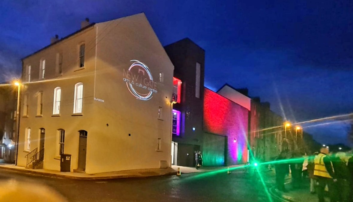 McGurkArch's tweet photo. The @newgatearts was successfully handed over this week, just in time for @derryhalloween. As our bespoke feature door opens, visitors will see that the black box theatre has a new resident, a huge dragon! The show continues for two more nights and is well worth a visit. https://t.co/SKKCTkgk2v