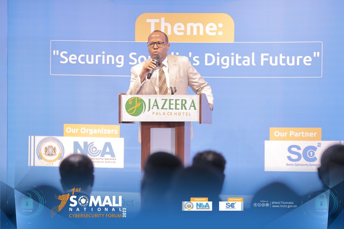 MoCTSomalia's tweet image. @SomaliaNCA’s GM Mr. @mysheekh has delivered opening remarks on Somalia’s 1st National Cybersecurity Forum, in his opening remarks Mr.Mustafa says “ We are committed to working closely with all Gov stakeholders to develop robust cybersecurity frameworks” #CybersecurityForum #SO