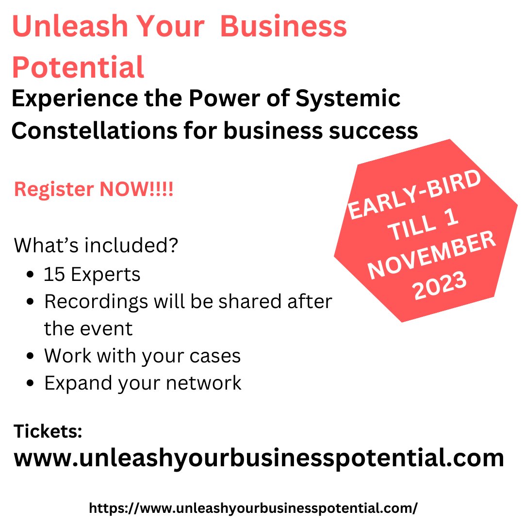 It is time to reveal the full schedule for the "Unleash Your Business Potential" Summit.

Over two days, 15 systemic experts will present and demonstrate how they use Systemic Constellations in Organisations.
 Early bird till November 1st!
#startups #businessdevelopment #business