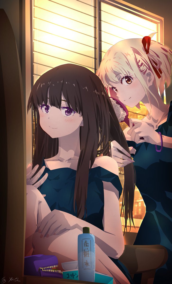 inoue takina ,nishikigi chisato multiple girls 2girls blonde hair long hair black hair hair ribbon purple eyes  illustration images