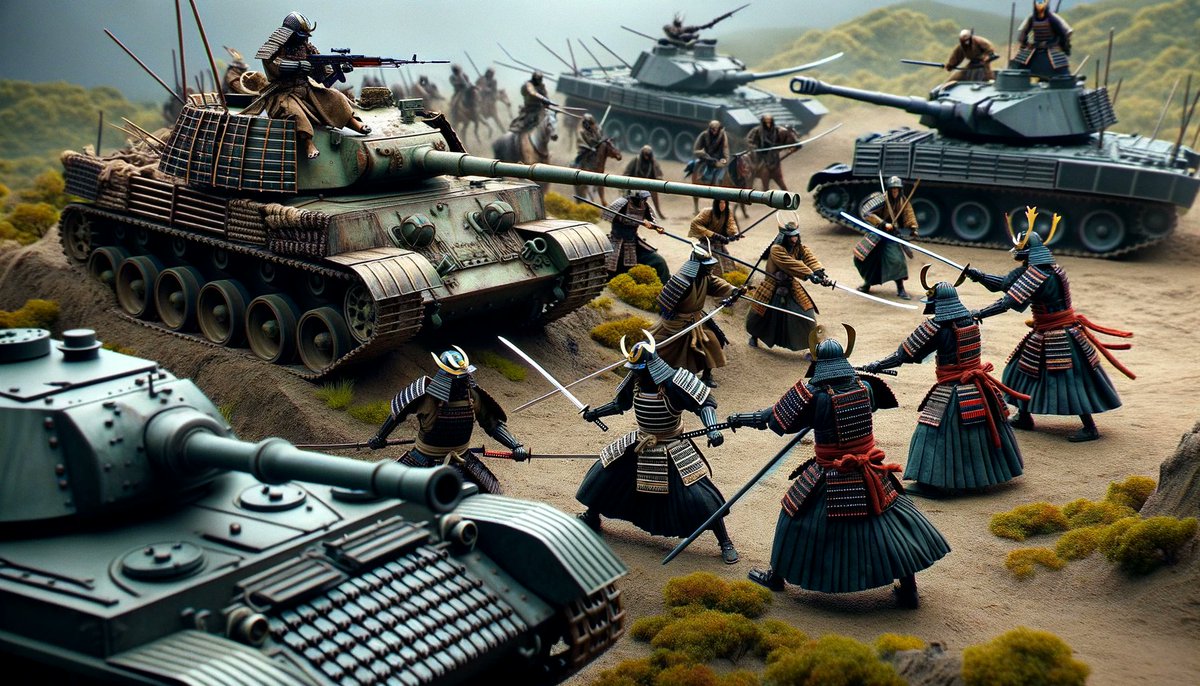 Hashira_EKT's tweet photo. AIが描いた
「オーバーテクノロジー戦国時代」 https://t.co/kbCDhhfGDL