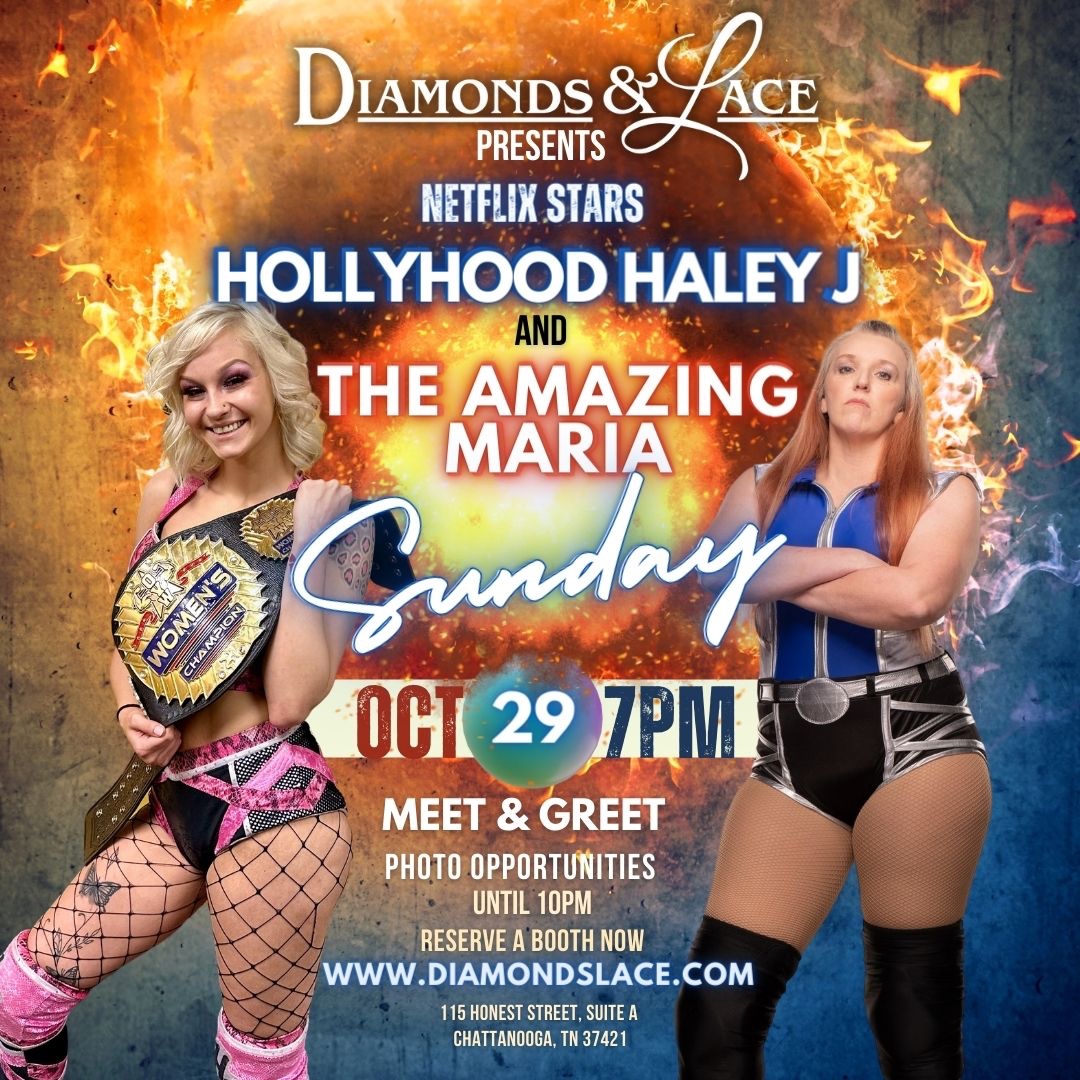 Netflix fans, don't miss this chance to meet Hollywood Haley J & The Amazing Maria at Diamonds & Lace for 1 night only! 💎👗 Sunday Oct 29, 7pm-10pm. 📆 There'll be a Meet & Greet, and a night you won't forget! 🤩 #Wrestlers #OneNightOnly 🙌 #FemaleWrestlers #DiamondsAndLace #...