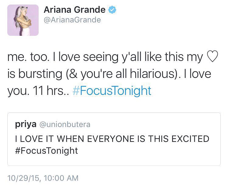tbsagb's tweet image. ariana grande via instagram 8 years ago today, ‘11 hours. my heart!!!!!!!!!!!!!! I’ve been pacing for 24 hours. #FocusTonight’ (29th october 2015)