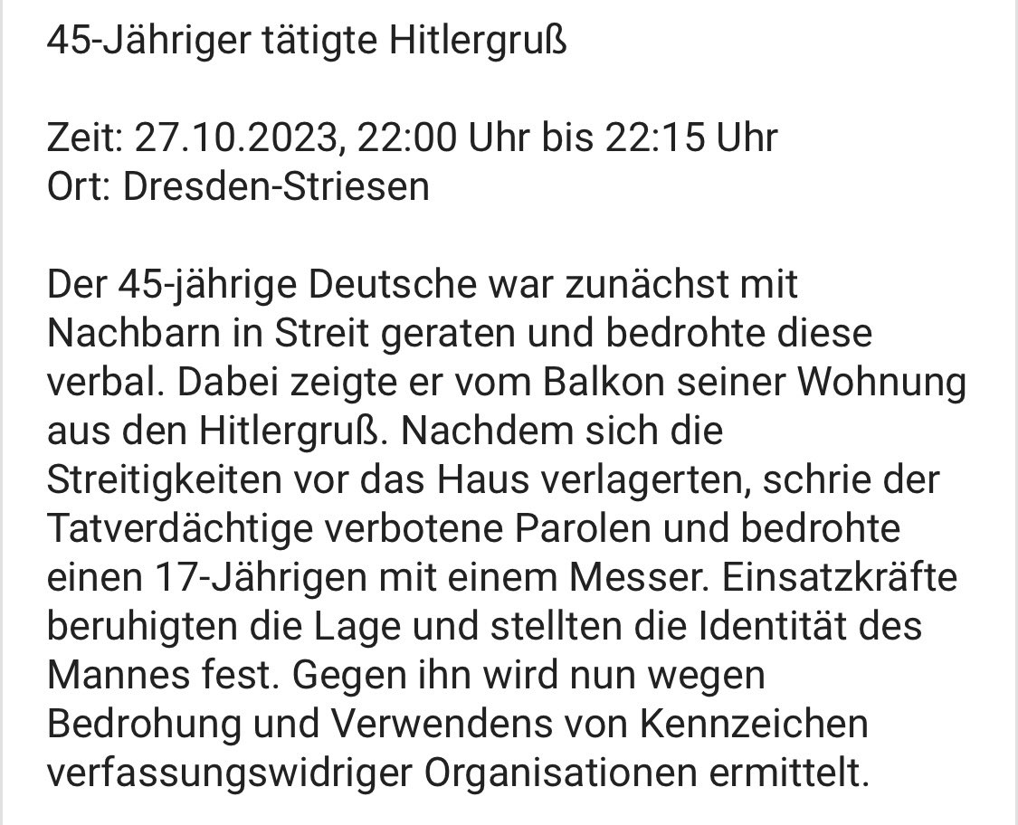 #Dresden, immer wieder #Dresden. Beide Fälle fast zeitgleich. Im ersten wurde nicht nur eine Frau rassistisch beschimpft, sondern auch noch ein Mensch verletzt. Im zweiten wurde neben Hitlergruß und Parolen ein Jugendlicher mit Messer bedroht. #fcknzs #rechtegewalt
