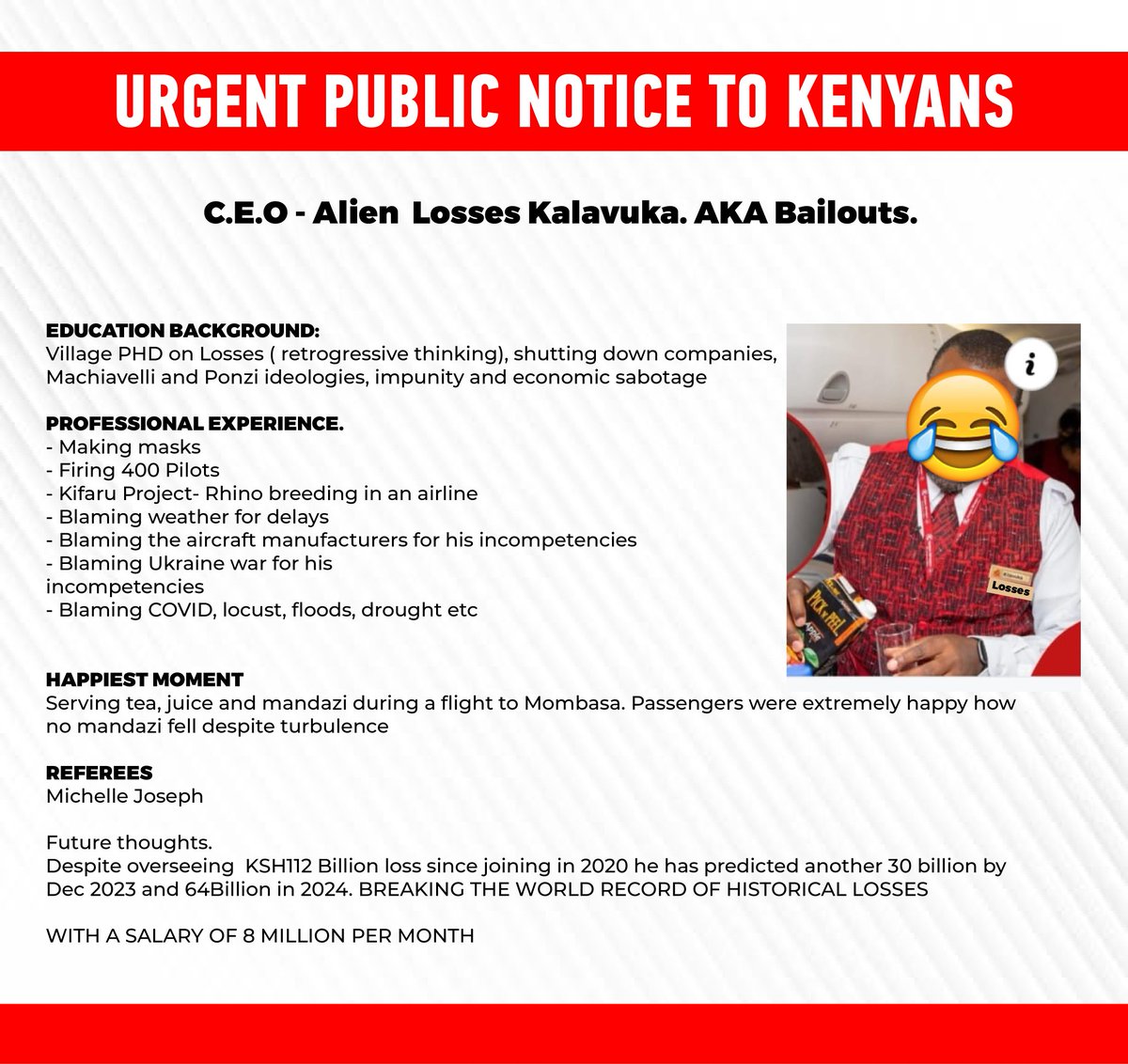 GrandMullah_'s tweet photo. 8 million per month ? Halafu a whole CEO is making losses amounting to 30B ,si heri wachukue mtoto wa Class 1 wampee kazi ,that cow should go home ,we request the office of registration to change his names to LOSSES KAVALUKU , that cow must go 

#OverhaulKQ https://t.co/wW4Kgq6tqh