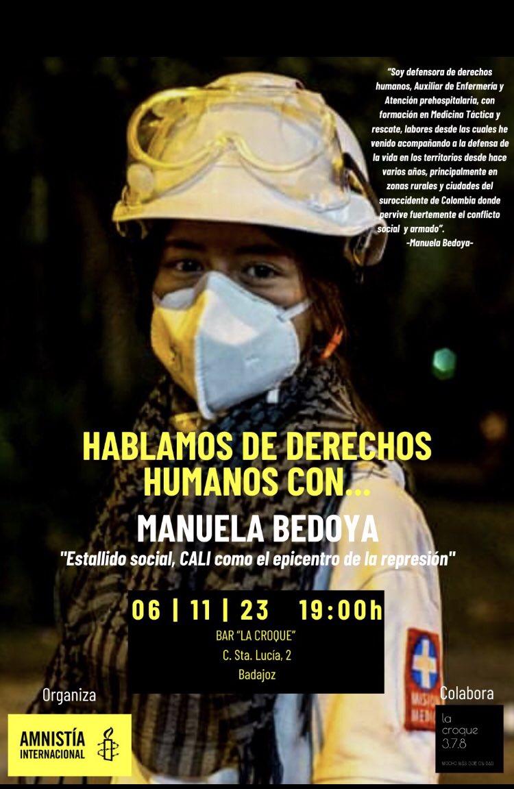 AmnistiaB's tweet photo. #DDHH #Extremadura #Badajoz Acompáñanos para hablar de Derechos Humanos con Manuela Bedoya. https://t.co/WuFP2oYiJg