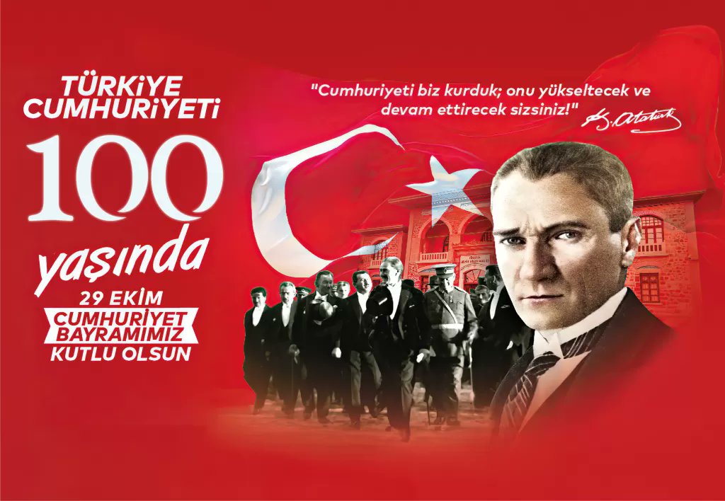 Cumhuriyetimizin 100. yılında, başta Gazi Mustafa Kemal Atatürk ve silah arkadaşları olmak üzere, tüm aziz şehitlerimizi ve kahraman gazilerimizi rahmet, minnet ve şükranla anıyoruz.

29 EKİM CUMHURİYET BAYRAMIMIZ ve CUMHURİYETİMİZİN 100. YILI KUTLU OLSUN🇹🇷🇹🇷

NİCE YÜZ YILLARA