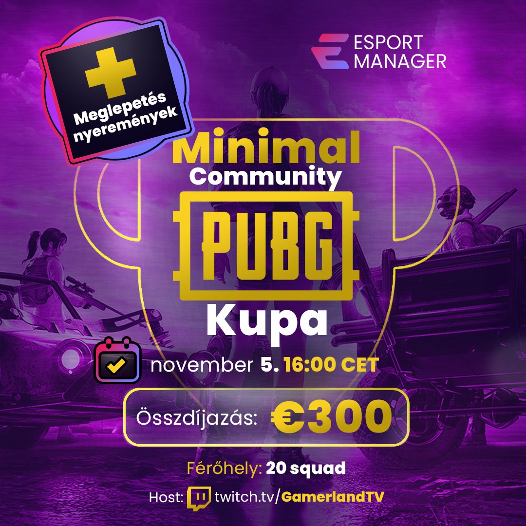 EsportManager_'s tweet photo. Készülj fel és bizonyítsd képességeidet a közelgő online PUBG kupán!
Verseny nyeremény: 300Є
#PUBGKupa2023 #Verseny #OnlineGaming #PUBG #JátékKupa #KépességekBizonítása
https://t.co/xQQJKX449G https://t.co/Tf3xS3W1Xs