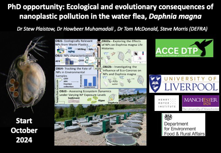 Please RT - Funded #PhD opportunity in my group studying nanoplastic particles and their ecological and evolutionary significance in replicated whole ecosystems.  With <a href="/Howbeer/">Howbeer Muhamadali</a> <a href="/TomOMcDonald/">Tom McDonald</a>  and Steve Morris <a href="/DefraGovUK/">Defra UK</a> as case partner. Deadline Jan 8th findaphd.com/phds/project/e…