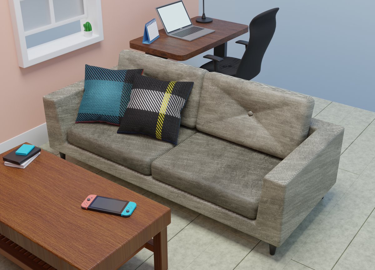 kiyo3dcougs's tweet image. I&apos;ve started a collaborative Blender project with my friend
@yoshi3dcougs.
I added a desk calendar and some cushions and changed the texture of the sofa.

#bsd #Blender #BlenderBeginner #b3d #3D