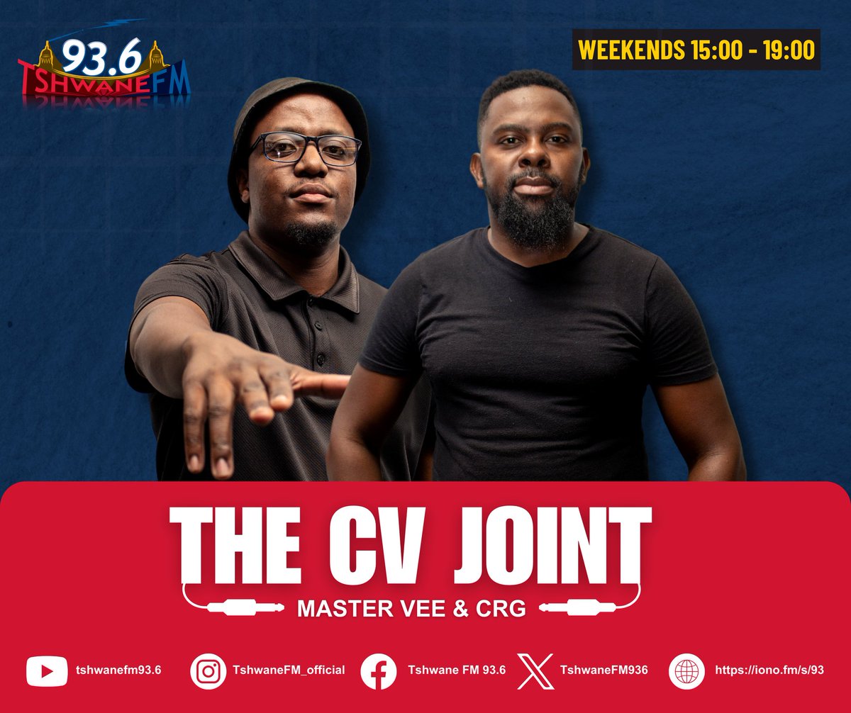 TshwaneFm936's tweet photo. Your trusted duo is ready for a musical ride on #The_CV_Joint from 15:00-19:00

Coming Up:
💼 Rolling topic on the #CaseInMotion
🎶 #WhoseLineIsIt - guess the song title.
🎚️ DJ Mix on #LoungeAvenue

📲 012 382 4936 (VN)

#936Weekends #AdireMzala https://t.co/uGsuyeosi9