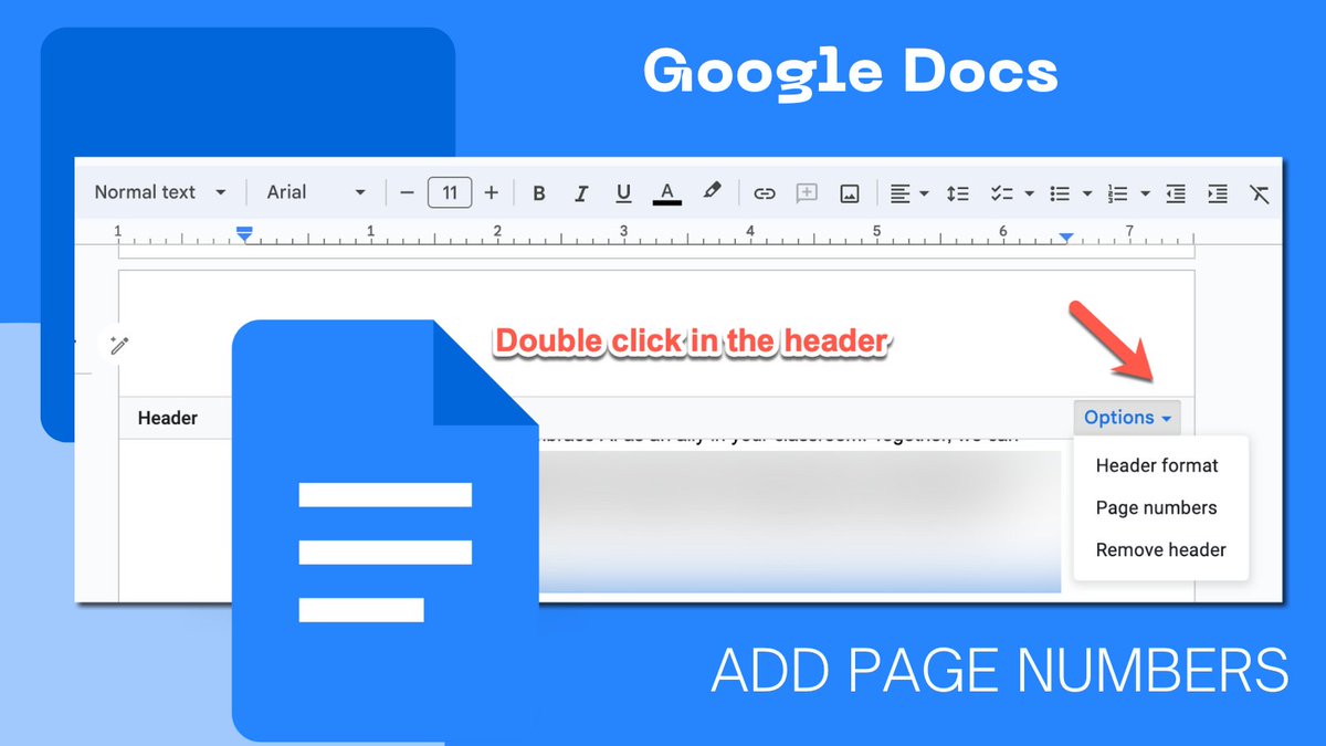 📊📄 In a Google Doc: Double click on the header 📈 Click the 'Options' tiny arrow to add page numbers. 🔢 #googleEDU #googleDocs