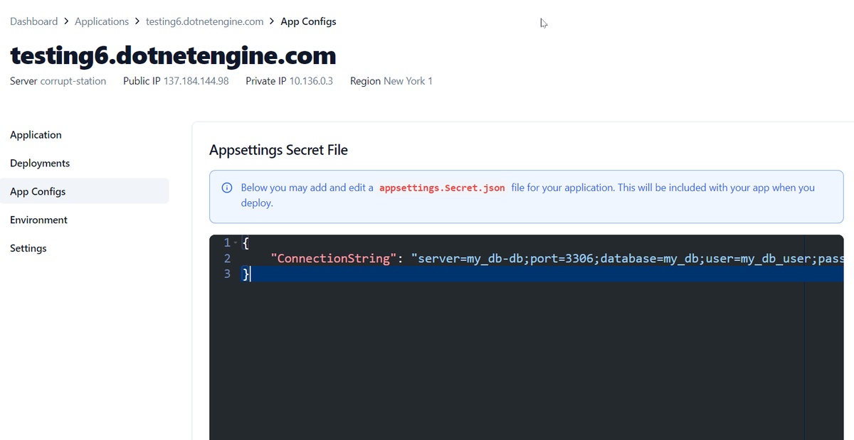 wes_walke's tweet image. Dotnet Engine will allow you to add a appsettings.Secret.json file to your app.

You can set the contents of this file through a live editor in the app and it&apos;s saved on your server.

Then when you build &amp;amp; deploy, the config will be included.

A handy way of securely setting…