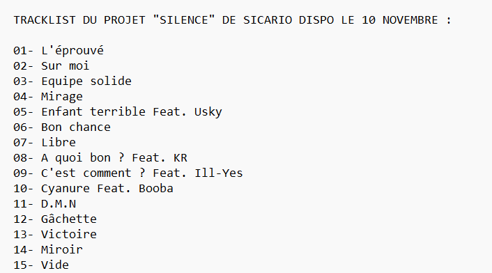 16x16FR's tweet photo. #TRACKLIST : Découvre la tracklist du projet "Silence" de Sicario à paraître le 10 Novembre !
Feats : @booba , @uskymusic , #KR & #IllYes
@sicario_92i https://t.co/GEFPxYfFM9
