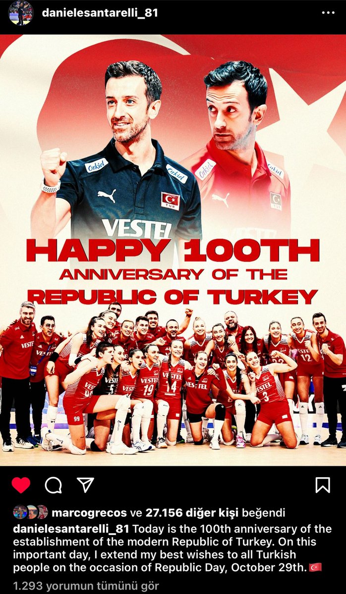 Daniele Santarelli'nin CUMHURİYET'in 100. yılı paylaşımı 🥹😭✨👏🏻🥰 'bugün çağdaş Türkiye Cumhuriyeti'nin kuruluşunun 100. yıldönümü. bu önemli günde, 29 Ekim Cumhuriyet Bayramı vesilesiyle tüm Türk halkına en iyi dileklerimi sunuyorum.🇹🇷 '