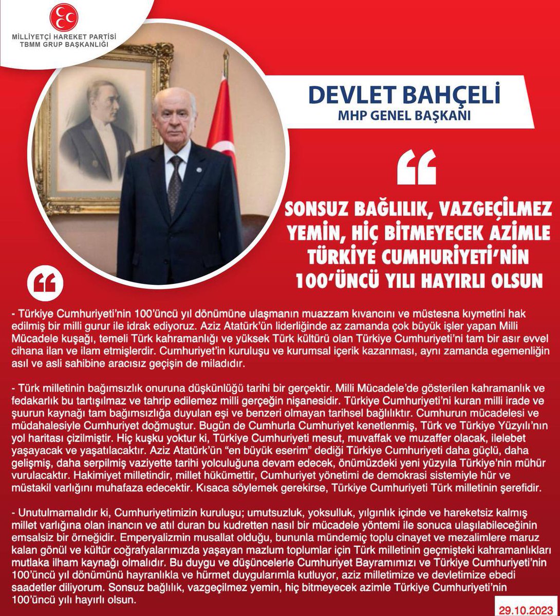 ayyildirim1's tweet photo. Sonsuz bağlılık, vazgeçilmez yemin, hiç bitmeyecek azimle Türkiye Cumhuriyeti’nin 100’üncü yılı hayırlı olsun.

Liderimiz Sayın Devlet Bahçeli https://t.co/heCX21JO9z