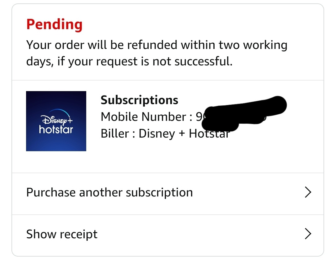 Logan5305's tweet image. @amazonIN @DisneyPlusHS This is not user friendly service where user is making payment and he have to wait 24 to 48 hrs to successful payment process. And the worst part is there is no proper customer support for this.
O last 4 digt 3508
#Pathatic #Amazon #Hotstar #Subscription