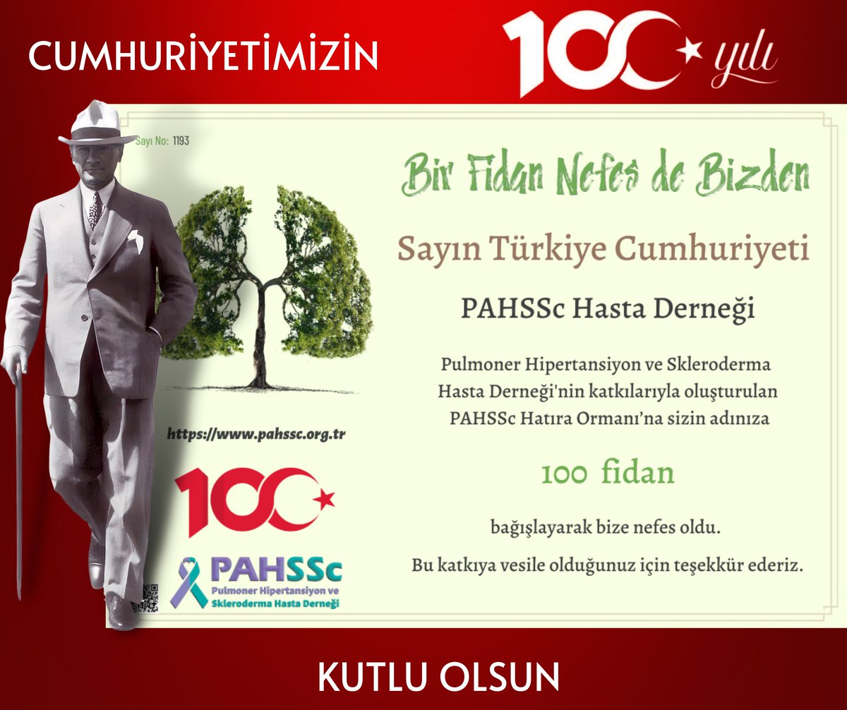 #Cumhuriyet'imiz bugün 100 yaşında. Atamızı ve silah arkadaşlarını sevgi, saygı, minnet ve özlemle anıyor, açtığı yolda, gösterdiği hedefe hiç durmadan yürümeye, gurur ve mutlulukla devam ediyoruz. Nice yüzyıllara hep birlikte sağlıklı nefeslerle. 🇹🇷 #Cumhuriyet100Yaşında #PAHSSc