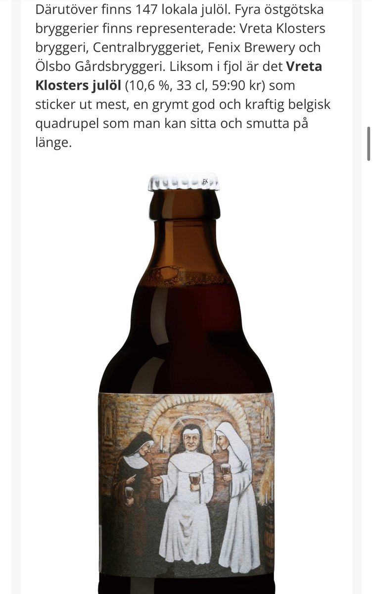 klosterbryggeri's tweet photo. På onsdag släpps vår julöl. Idag lyfter. Corren fram den som ”en grymt god och kraftig belgisk quadrupel som man kan sitta och smutta på länge.”

Beställningsbar styckevis över hela landet och på hyllorna i Linköping, Motala, Mjölby, Finspång, Vadstena och Norrköping (Blygatan). https://t.co/tXONeUjauZ