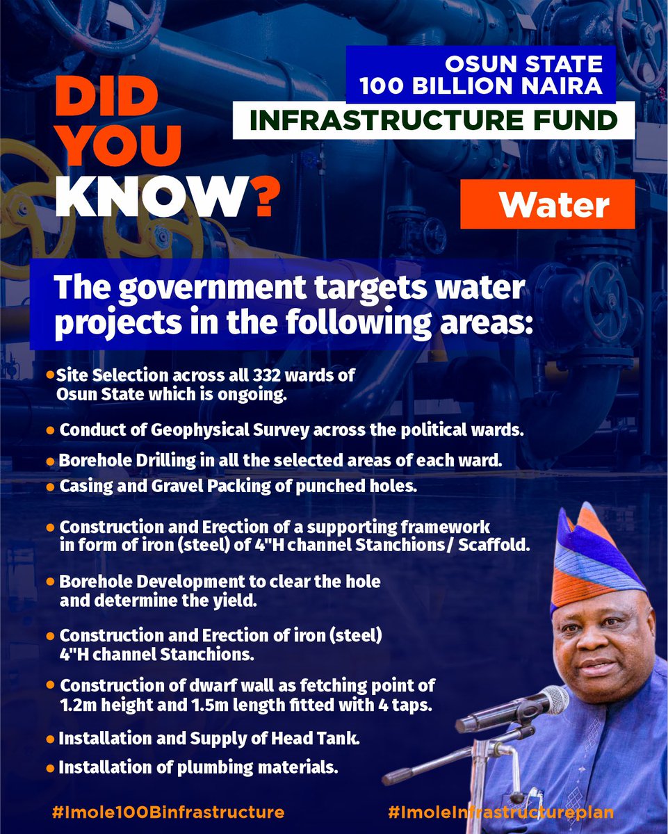 OfficialPDPNig's tweet photo. The Osun State Governor, @AAdeleke_01’s 100 Billion Naira Infrastructure Fund will project the administration’s commitment to providing the people of the state with clean and portable water supply in order to address the lingering water scarcity. #ImoleInfrastructureplan #Imole100Binfrastructure