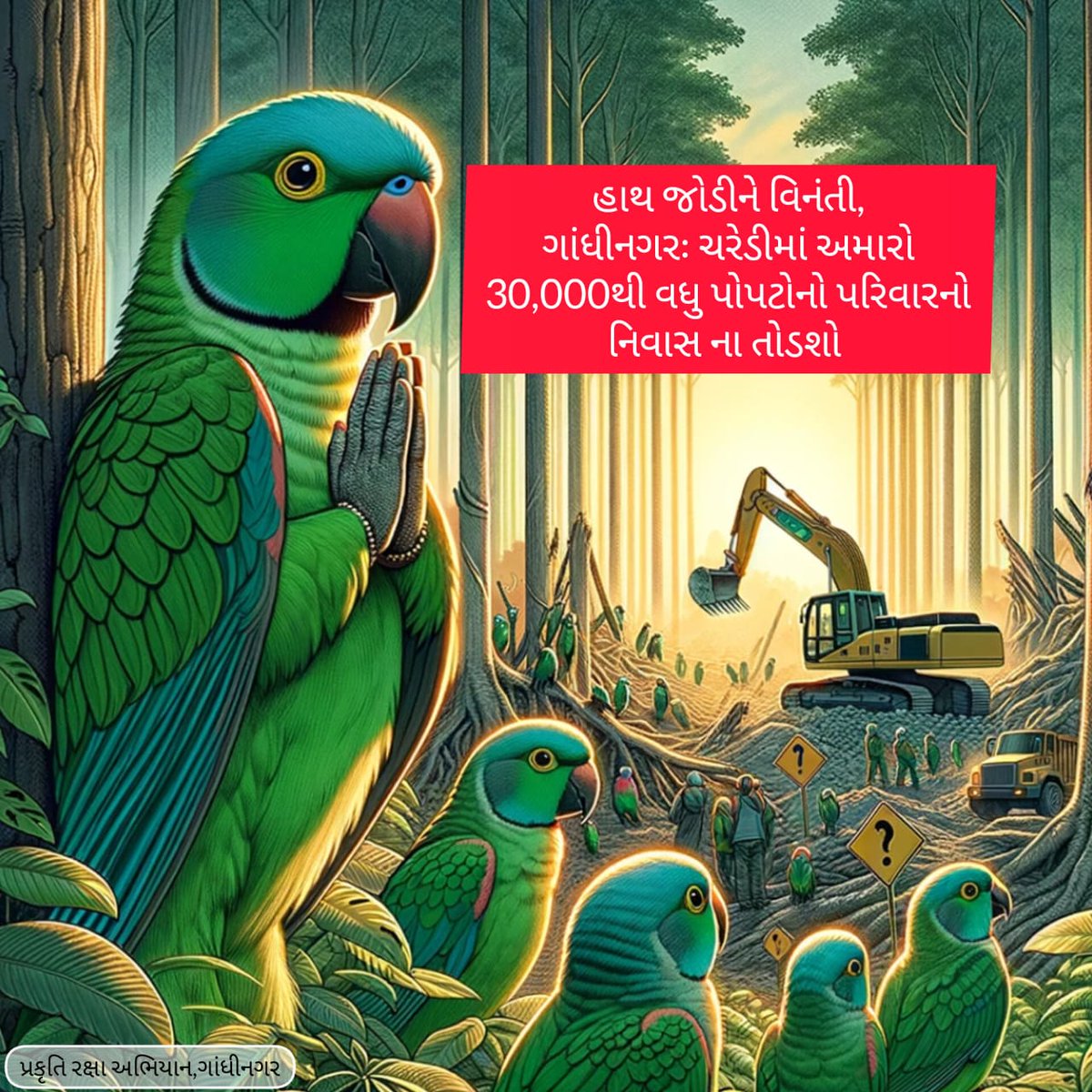 kajal_vaishnav's tweet image. ગાંધીનગરઃ ચરેડીમાં 30,000થી વધુ પોપટોનો પરિવારનો નિવાસ ના તોડશો. 
આ પોપટો ગાંધીનગર અને દૂર દૂર થી અહી
રાતવાસો કરવા આવીએ છીએ.
આવા જંગલ ગાંધીનગરના ફેફસાં સમાન પણ છે. તંત્રને વિનંતી આ 800 વૃક્ષ ના કાપીને પ્રકૃતિ સંરક્ષણનું કામ કરે.
*દરેક પ્રકૃતિ પ્રેમીને હાથ જોડીને વિનંતી, આ ફોટો…