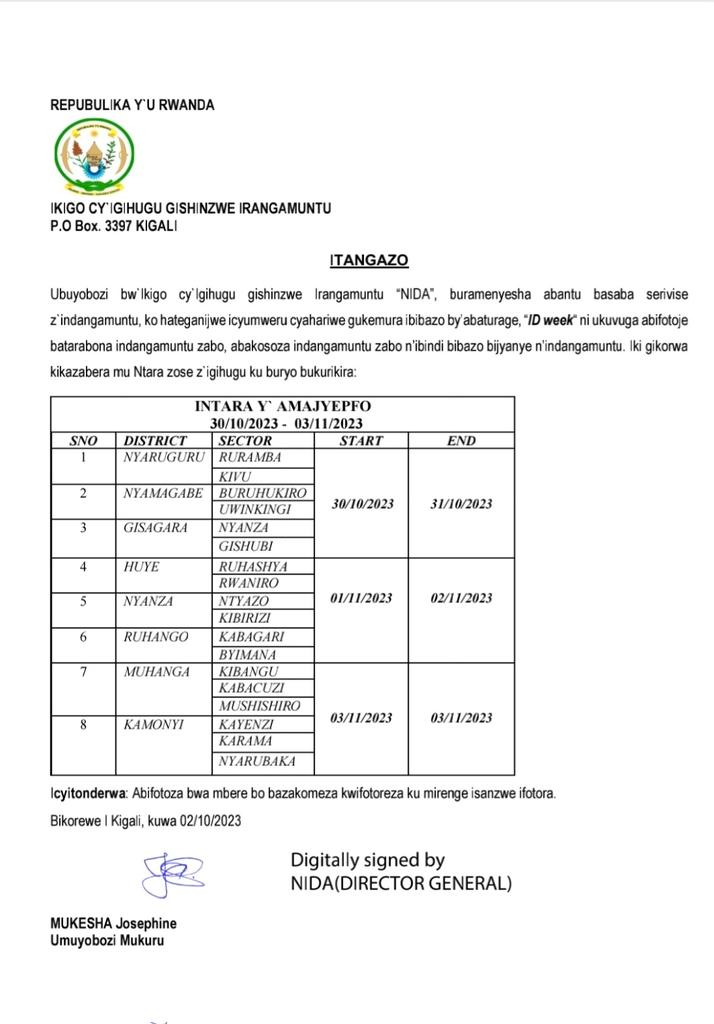 NidaRwanda's tweet photo. #IDweek muri @RwandaSouth, ni uguhera taliki ya 30 kugeza 31/1/23. Abafite ibibazo mu ndangamuntu zabo mutugani kuri iyo mirenge. https://t.co/Wq2Hwx4k7i