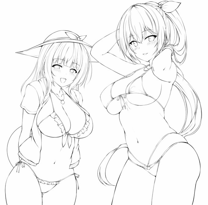 忙しくて結局暑いうちに出来なかった水着絵の線画を置いておく 