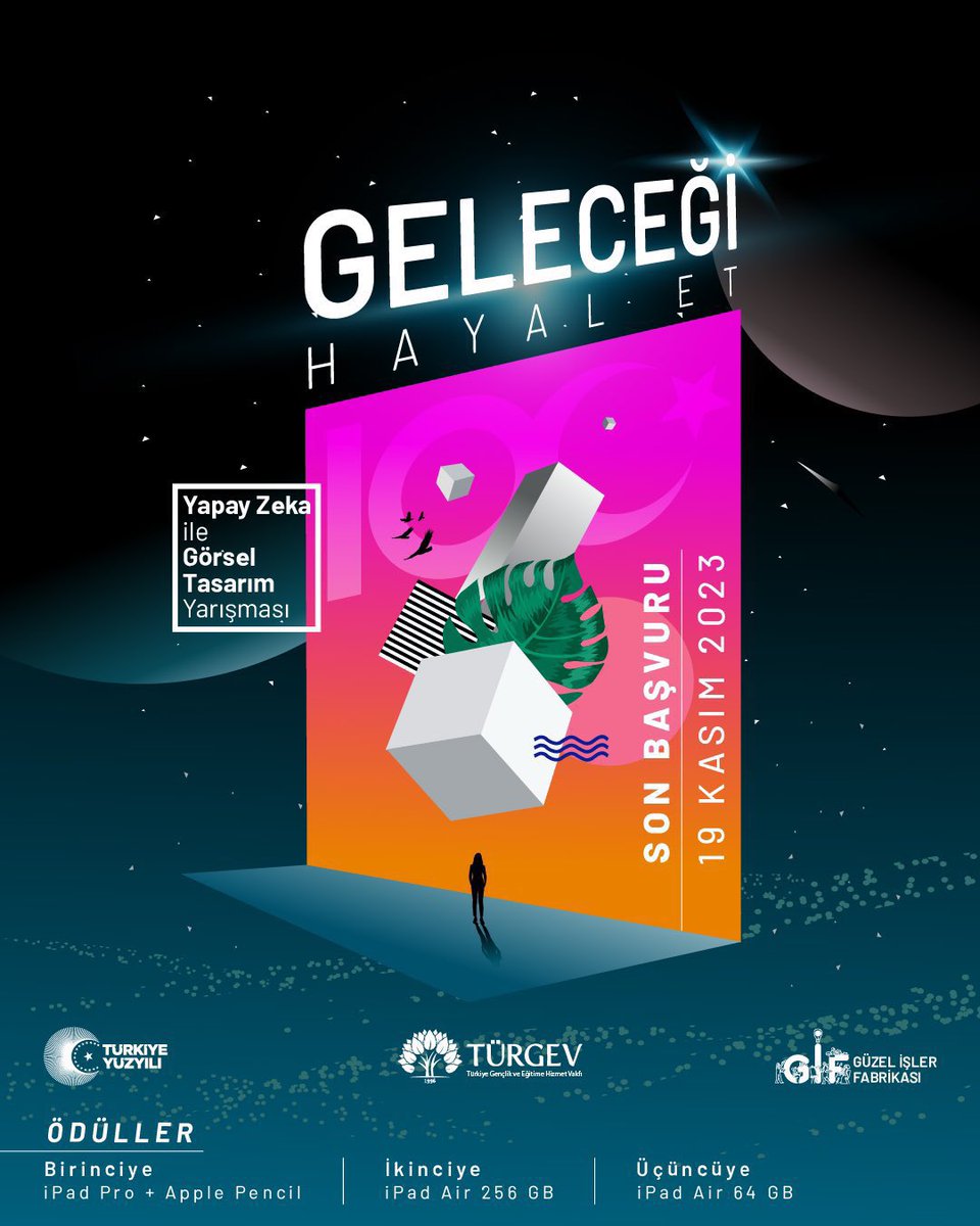 🇹🇷Cumhuriyetimizin 100. Yılında Türkiye’nin Geleceğini Hayal Ediyoruz! 🇹🇷

Cumhuriyetimizin 100. yılını yapay zeka görsel tasarım yarışması ile kutluyoruz 🙌 

Eğer sen de 18-29 yaş aralığındaysan, #yapayzeka yazılımlarıyla vakit geçirmekten hoşlanıyorsan, hayal gücüne ve görsel