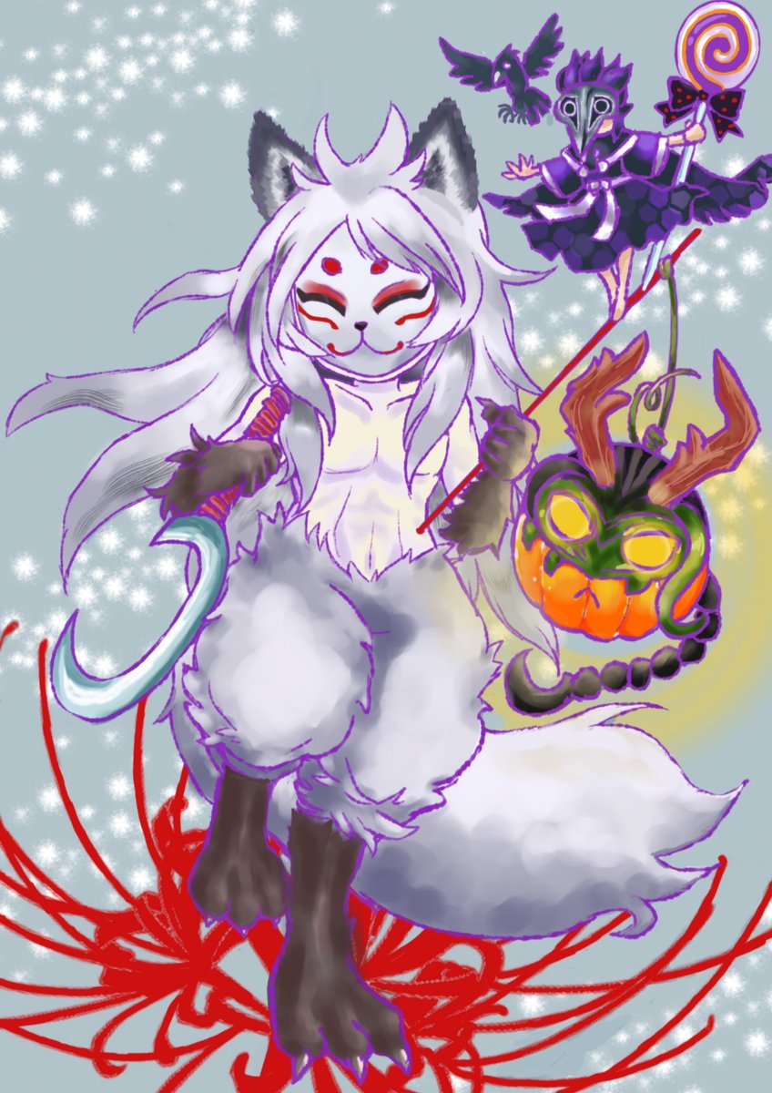 Maroyaka0301's tweet photo. #ぽてとハロ絵🎃 ④Helvetti
描き始めは白狐スピリットスキンのレナートのみでしたが、主人公3人入れたくなって詰め込みました🤭💦
🎃ﾗﾝﾀﾝﾎﾞｰﾙにしてしまいましたがディヴィコはとても男前で格好良いキャラです🙇‍♀️ https://t.co/flsBzWKe9o