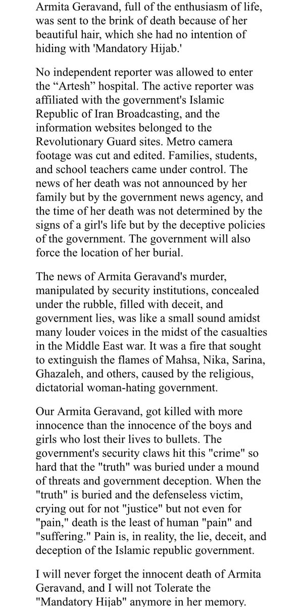 #NargesMohammadi sends a letter from #Evin prison

“#ArmitaGaravand, full of the enthusiasm of life, was sent to the brink of death because of her beautiful hair, which she had no intention of hiding with 'Mandatory Hijab.'”

No regime can ever break this feminist solidarity!