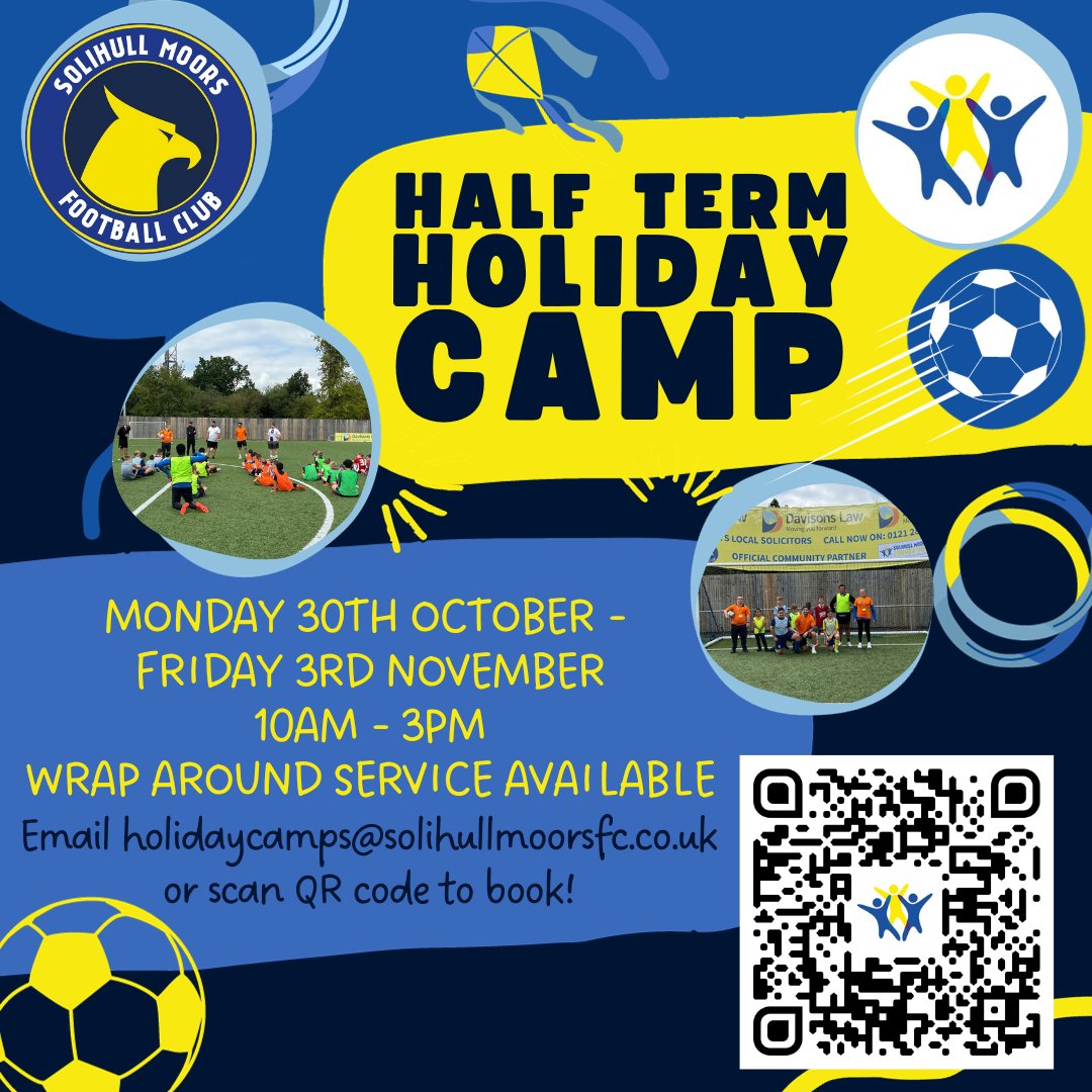 ⚽🎃 There is still time to book! Get ready for some tricks and some treats as our much loved holiday camp is back this coming week❗ Scan the QR code or visit …hull-moors-foundation.classforkids.io/camp/5 to get your young people booked in now!