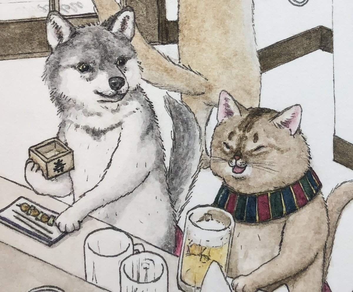 「wip3 ビールでプハーのバステト神を、温かい目で見る隣席のオオカミ神」|エルクポットの動物群像絵🐾のイラスト
