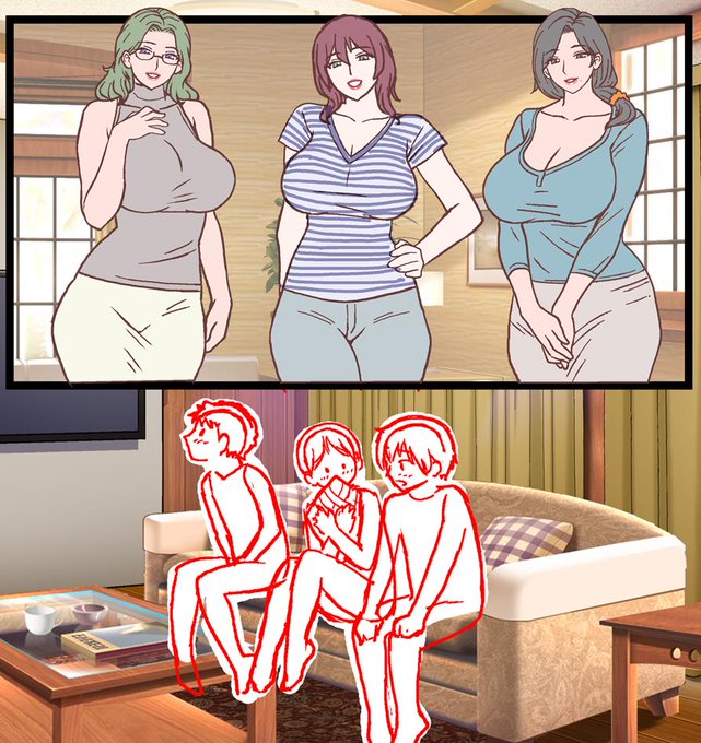 少年たちと人妻たち。
本編では右端の少年と人妻が登場します。
それ以外のキャラクターはモブなので
この場限りの登場です。 