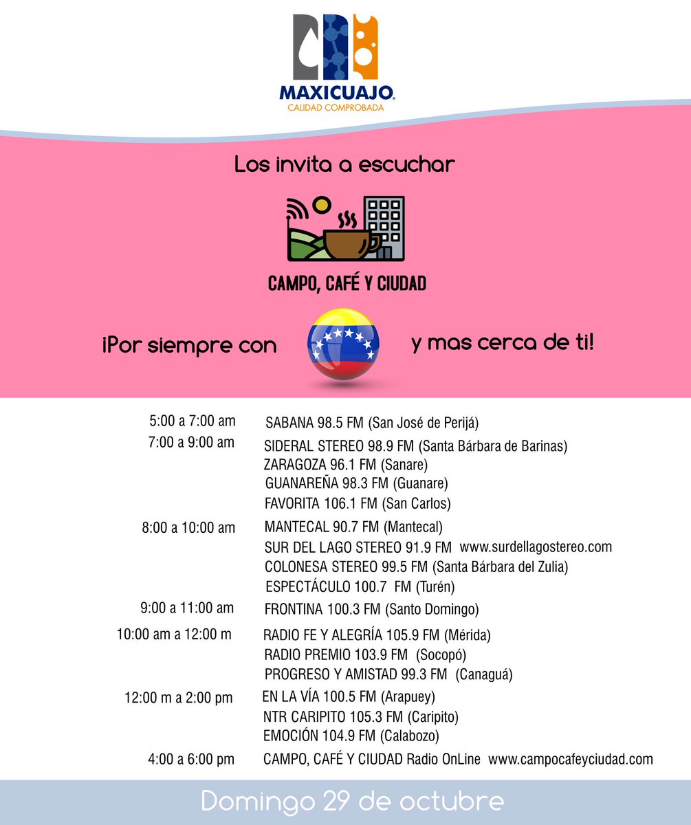 Campo, Café y Ciudad por siempre con Venezuela, y mas cerca de ti!

Hoy #Domingo #29Oct te invitamos a escucharnos por SABANA 98.5 FM en San José de Perijá de 5:00 a 7:00 am #Zulia

#Venezuela #CampoCafeCiudad #Radio #RadioOnLine #Agricultura #Ganadería #Agroindustria #Alimentos