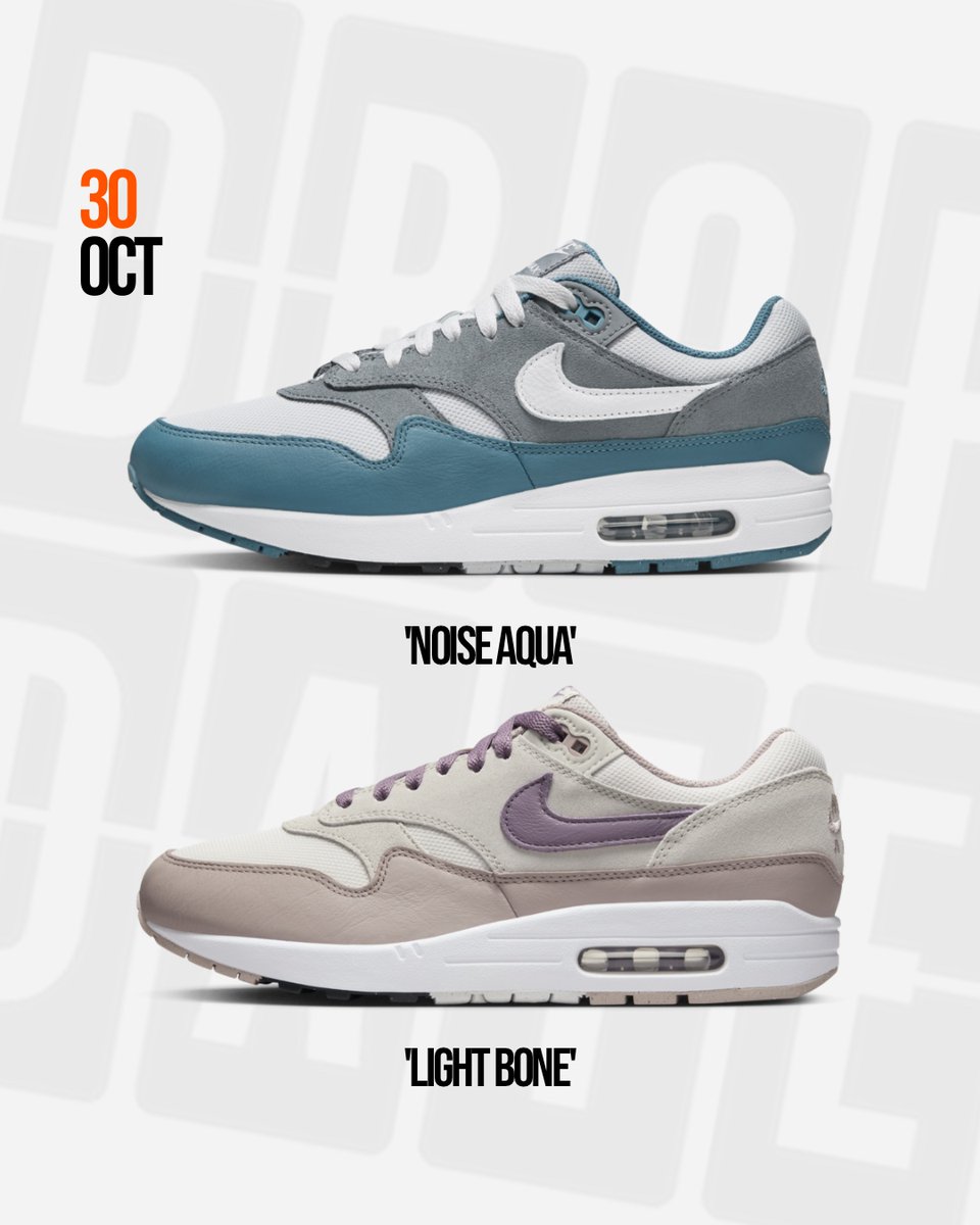 thedropdate's tweet image. Next week gets off to a flyer with two fresh Air Max 1 colourways dropping tomorrow. SC variants in 'Noise Aqua' and 'Light Bone'. Who's making it a happy Monday? 

Full details - dropd.at/erkrD6

#nike #airmax #am1 #thedropdate