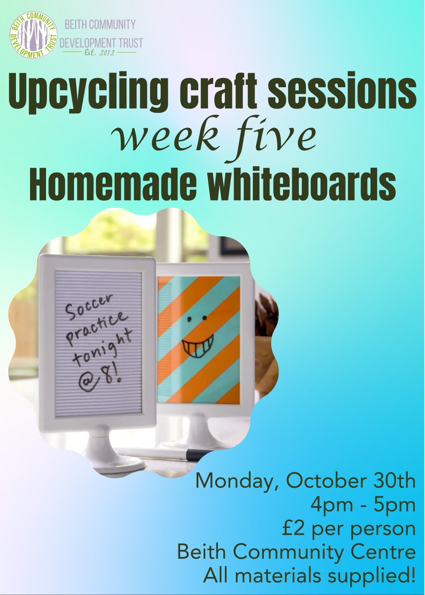 BeithTrust's tweet photo. Week 5 of our upcycling craft sessions is tomorrow! Turn old photo frames and materials into fully customisable whiteboards at Beith Community centre from 4pm - 5pm. It'll be so much fun - come join us for a unique crafting experience and get creative with us! 🔨🎨🎭 https://t.co/tM8sTrg68G
