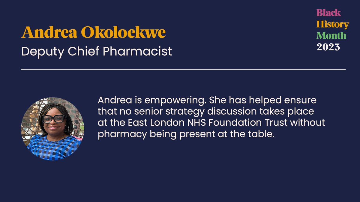 rc_pharm's tweet photo. ⭐ Our next #BlackHistoryMonth star nomination is Andrea Okoloekwe, Deputy Chief Pharmacist.

@APTUK1 @FemalePharmacy @PTOC11 @BPSA @GHPPharmacy @UKBPA1

#RPSIandD #SalutingOurSisters https://t.co/az8iNsk2wM
