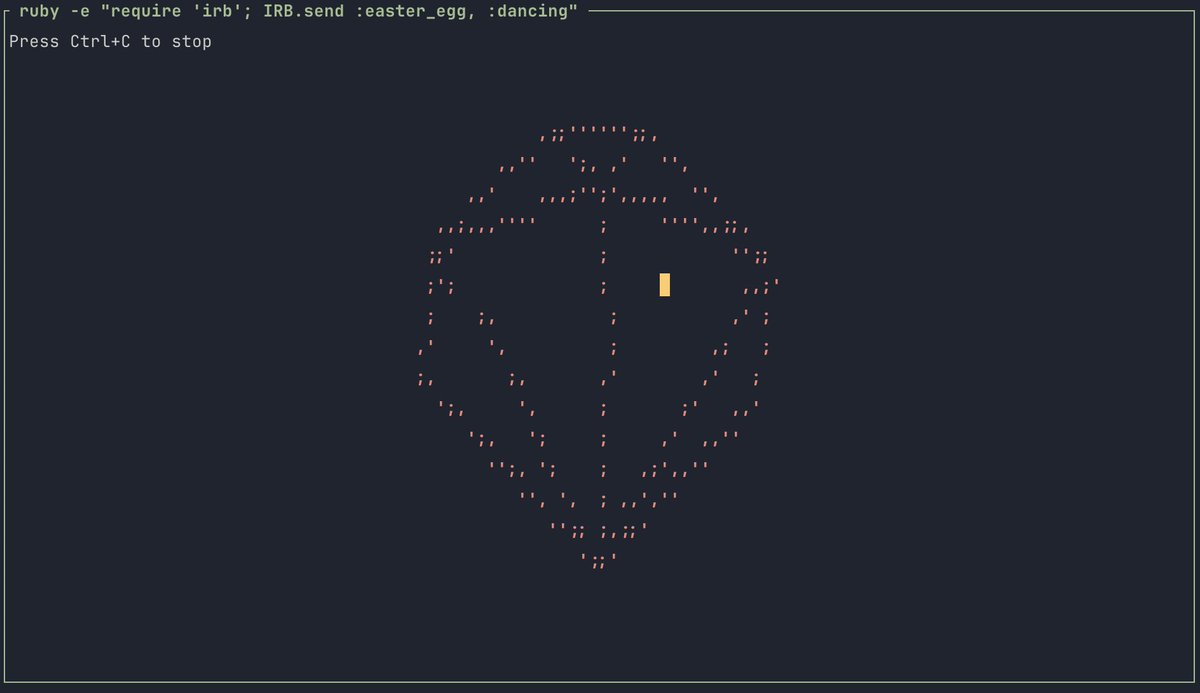 panos_codes's tweet photo. #ruby 💻 ruby -e "require 'irb'; IRB.send :easter_egg, :dancing" https://t.co/uZ6OHqV95I