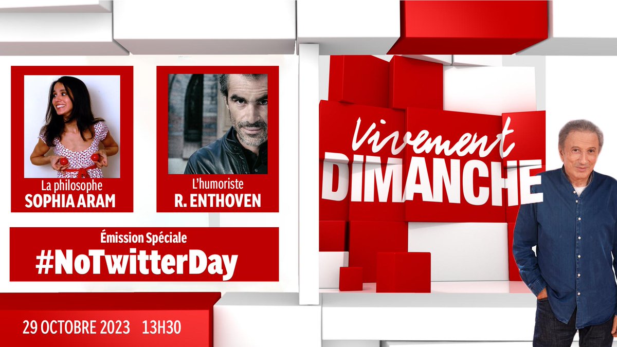 Décidément, aujourd’hui #France2 gâte la #MajoriteOffensiveRepublicaine. 🥰

@Enthoven_R et @SophiaAram seront présents dans #VivementDimanche pour nous parler de science et de géopolitique.
Il aborderont aussi le #NoTwitterDay et la déferlante hystérique de #RudyKissMyAss.