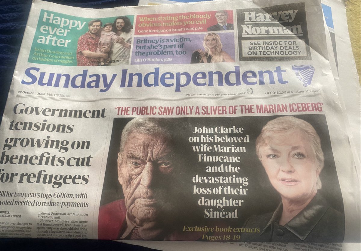 Gill_Books's tweet image. A stunning spread of media this morning for John Clarke’s profoundly moving memoir on his life with Marian Finucane, ‘Finucane &amp;amp; Me’. @MiriamOCal @TheSundayIndo