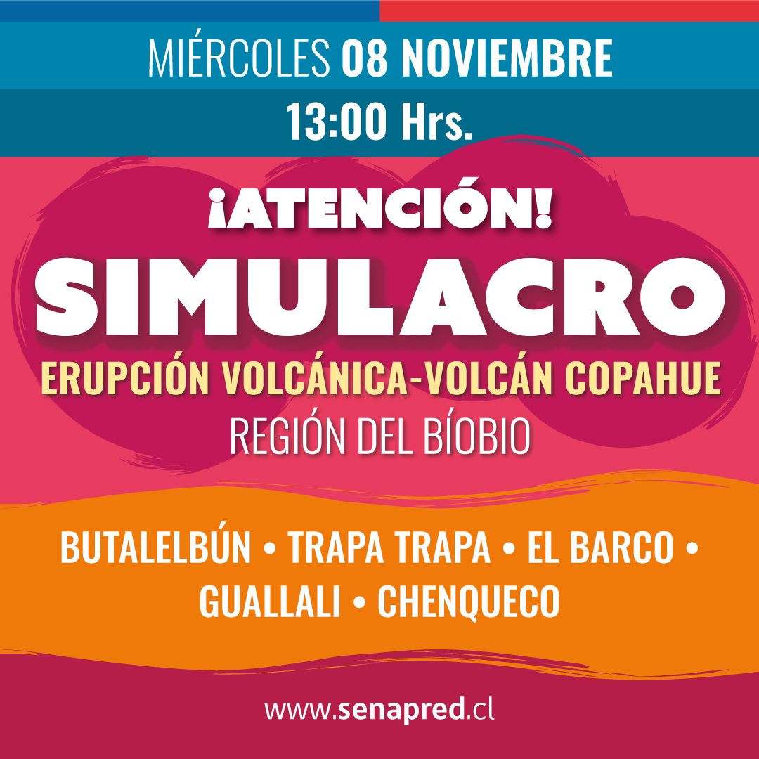 📢🌋Si vives, transitas o trabajas en las localidades de Butalelbún, Trapa Trapa, El Barco, Chenqueco y Guallali de la comuna de Alto Biobío, recuerda que el 08 de noviembre se realizará el #SimulacroBiobio por erupción del volcán Copahue. 
Más info en web.senapred.cl/simulacros_t/b…
