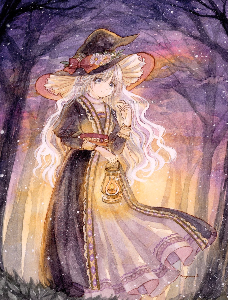 1girl witch hat hat solo long hair tree dress  illustration images