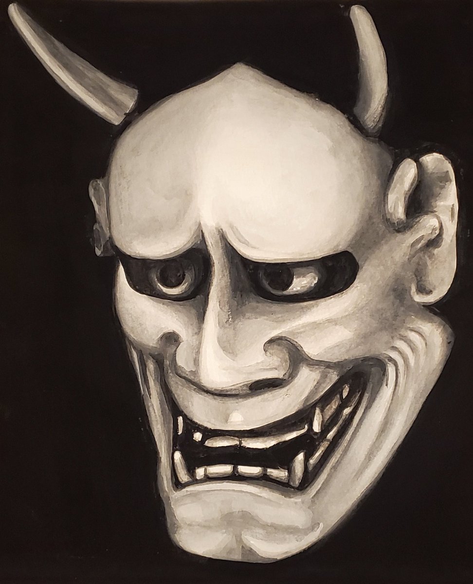 solo monochrome 1boy male focus horns teeth portrait  illustration images