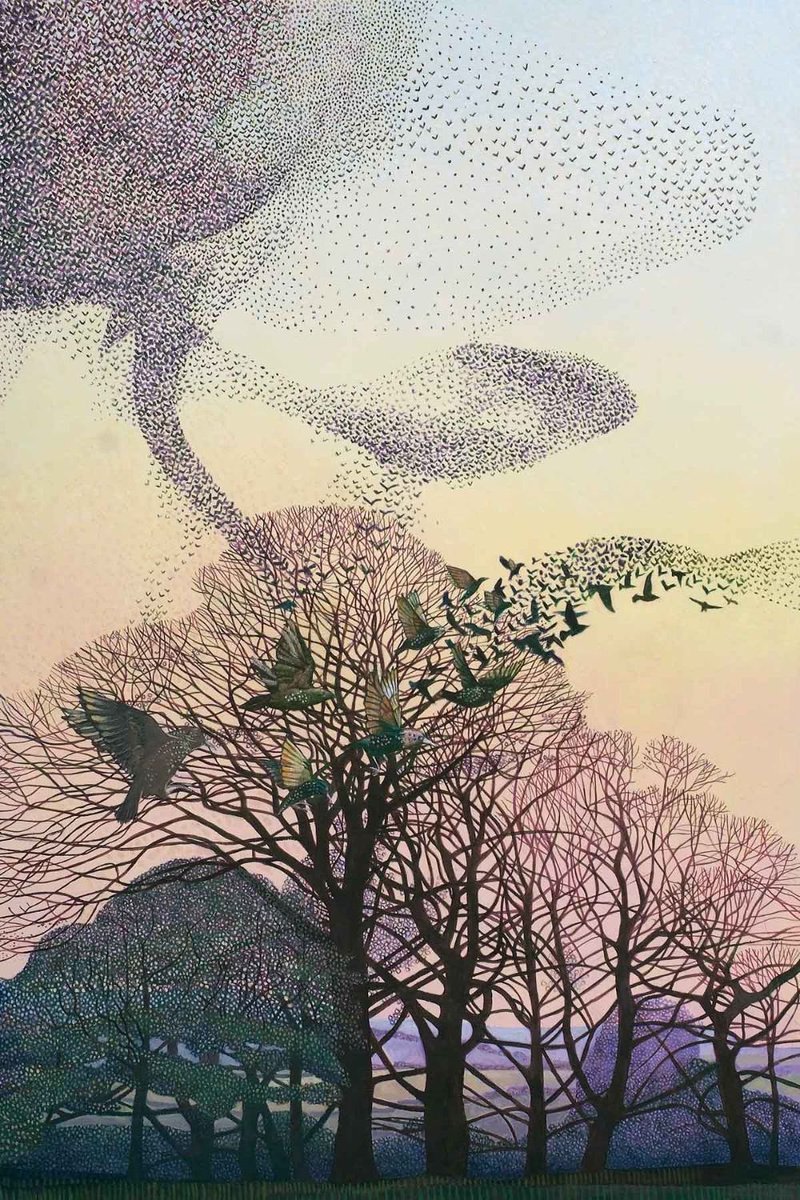 Annie Ovenden painter of trees 
I don’t have a title for the first the second is ‘Murmuration over Lanhydrock Park 
She mostly paints trees these days but in the 1970s along with David Inshaw they formed ‘The Brotherhood of Ruralists’ Traditional skills ethics of William Morris