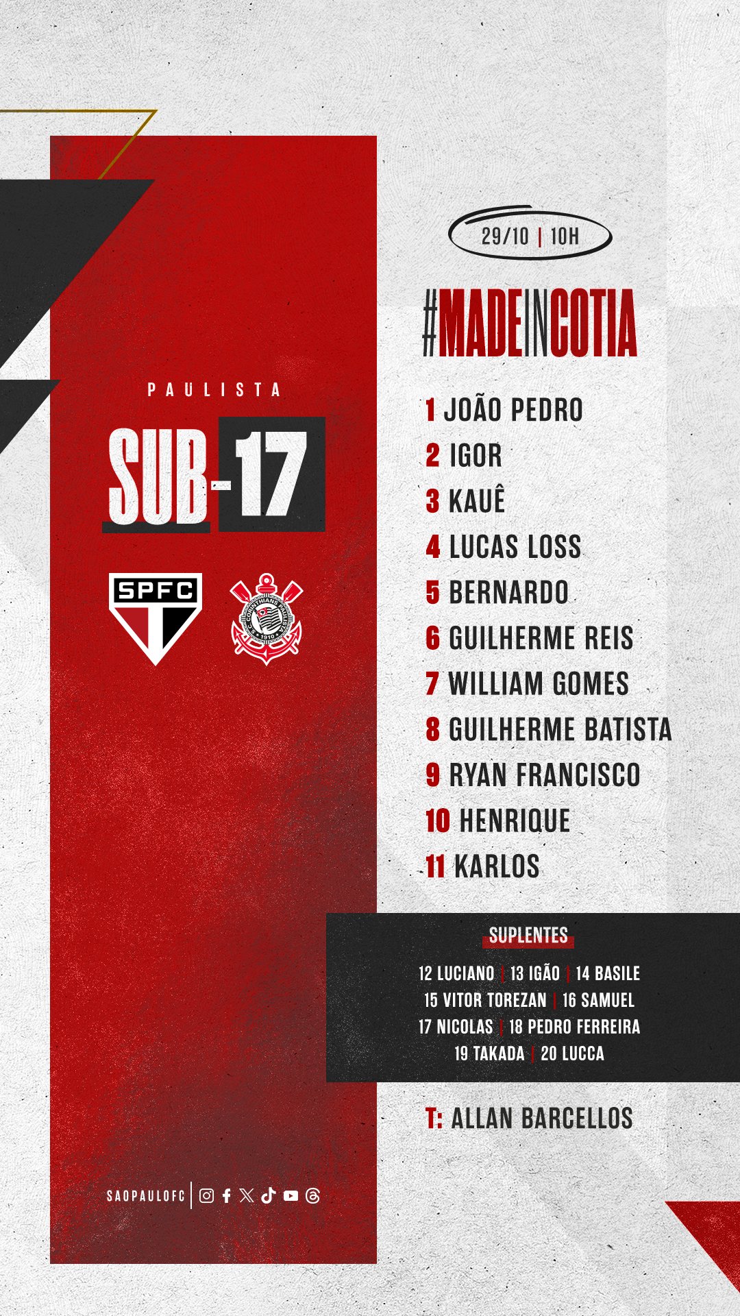 São Paulo FC on X: Neste domingo, o Tricolor começa a busca pelo título do  Campeonato Paulista Sub-17! Saiba mais:  🆚  Corinthians 🏆 PTA Sub-17 ➡️ Final - jogo 1 ⏰