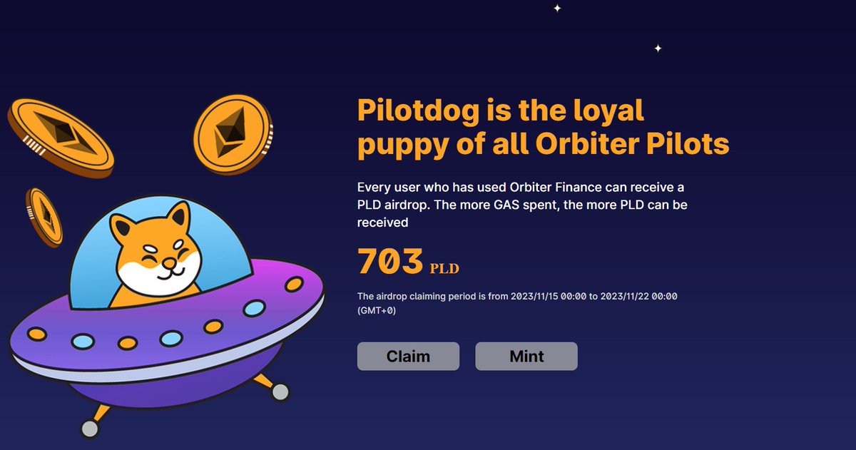 Như là lại sắp có xèng anh em ơi.
#PLD Airdrop cho AE đã từng tương tác với Orbiter Finance
Link check nha:pilotdog.tech