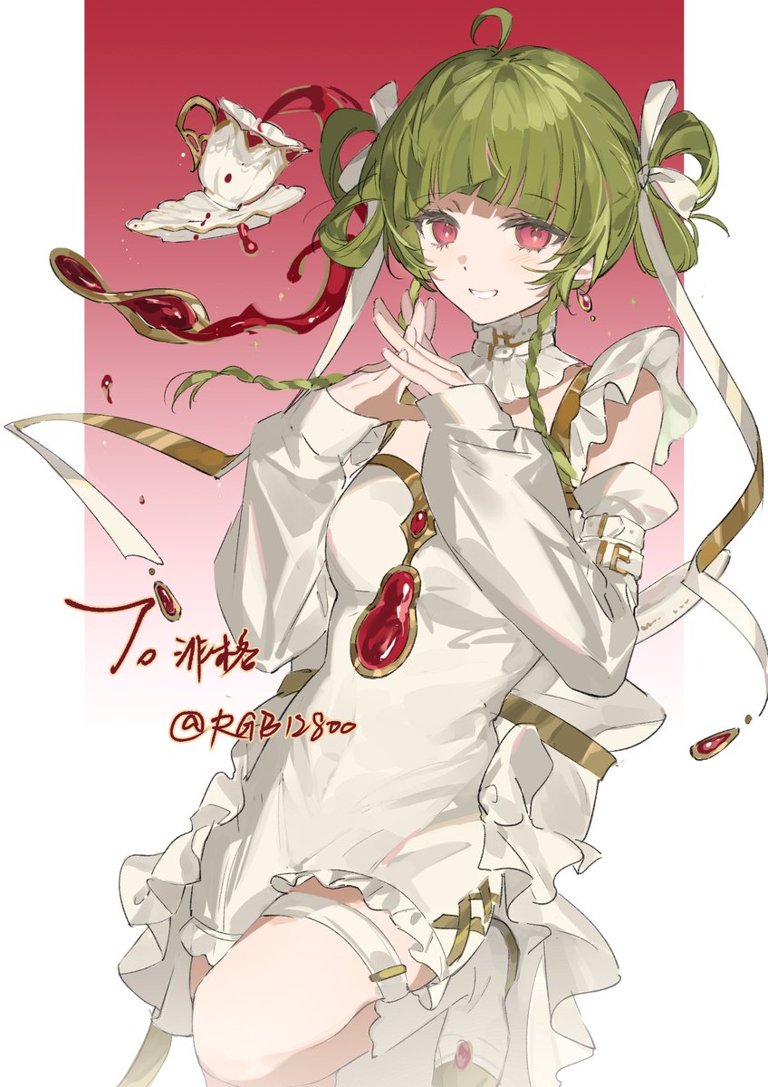 1girl green hair solo jewelry dress white dress red eyes  illustration images