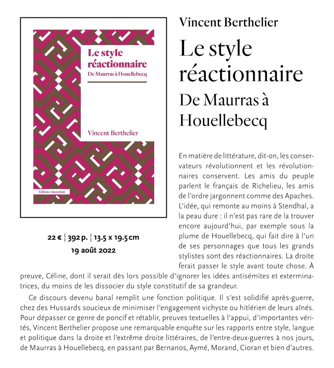 CedricPassard's tweet photo. Rendez-vous @citephilo le 16 novembre à 19 h à la médiathèque Jean Lévy de Lille pour discuter avec @v_berthelier de son riche essai sur « le style réactionnaire, de Maurras à Houellebecq » @amsterdam_ed : https://t.co/itSRIpVdzx https://t.co/rKfdfiHUqf