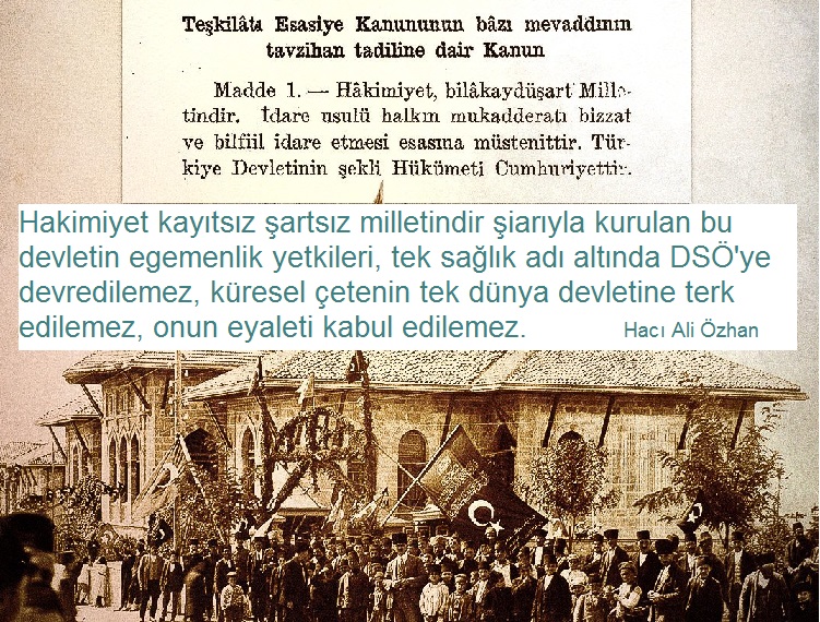 Hakimiyet kayıtsız şartsız milletindir diye kurulan bu devletin egemenlik yetkileri, tek sağlık adı altında DSÖ' ye devredilemez, küresel çetenin tek dünya devletine terk edilemez, onun eyaleti kabul edilemez.  #TürkiyeDSÖdenAyrılsın <a href="/RTErdogan/">Recep Tayyip Erdoğan</a> <a href="/TBMMresmi/">TBMM</a>